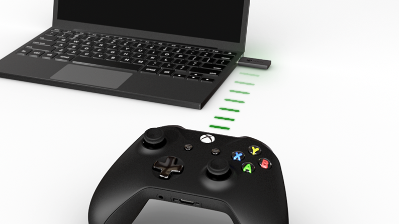 A dotted line indicates an Xbox controller communicating with a laptop via the Xbox Wireless Adapter for Windows.