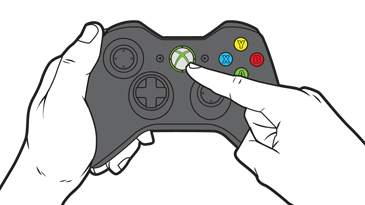 Un dito preme il grande pulsante Guida più o meno al centro del Controller per Xbox 360.