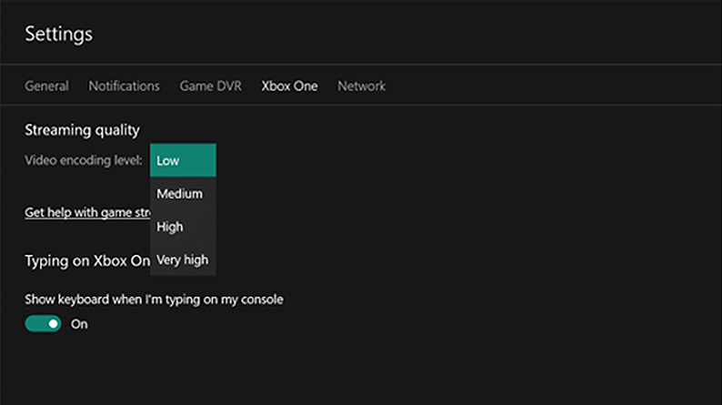 Image shows the Settings screen on the Xbox Companion app with ow streaming quality highlighted.