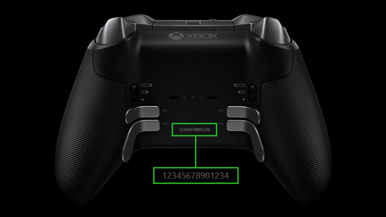 The image highlights the serial number on the back of the Xbox Elite Wireless Controller Series 2 controller.