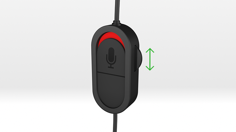An illustration shows the volume up/down dial on the side of the audio controls of the 3.5mm chat headset.