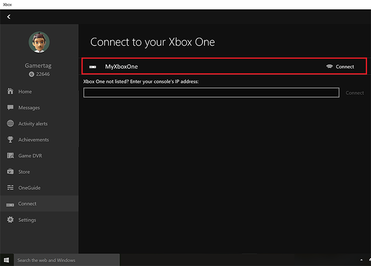 Các [MyXboxOne] mặt hàng được lựa chọn trong cửa sổ [Kết nối với Xbox Một] có một hình vuông màu đỏ xung quanh nó. Mục này cho biết kết nối đã được thực hiện.