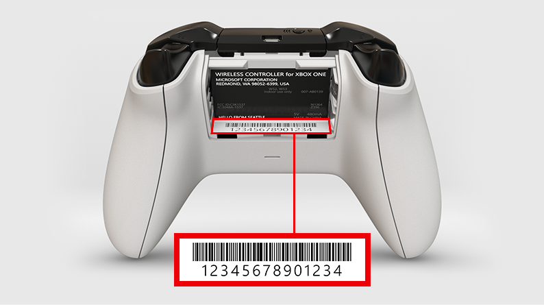 An illustration shows a serial number inside the battery compartment of an Xbox One controller.