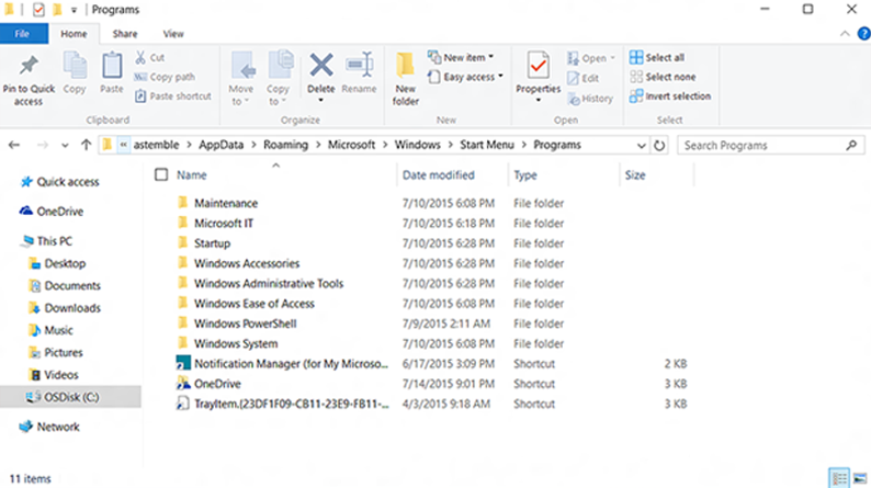 The Windows Start menu shortcut screen is shown in File Explorer.
