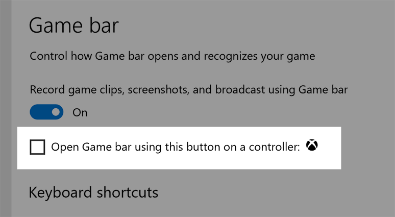 Image shows open checkbox of “Open Game bar using this button on a controller.”