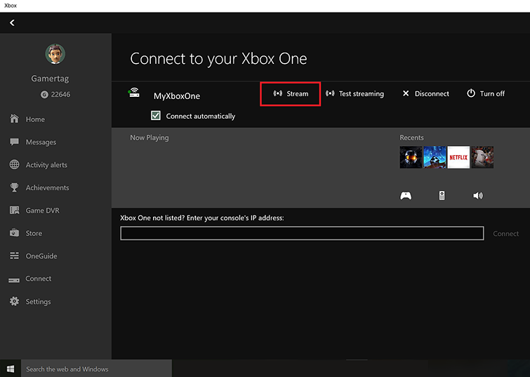 Mục [MyXboxOne] trong cửa sổ [Connect to Xbox One] được chọn. Tùy chọn [Streaming] làm nổi bật hộp màu đỏ.