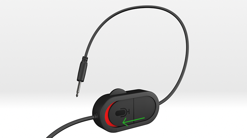 An illustration shows a finger sliding the mute button on the 3.5mm chat headset.