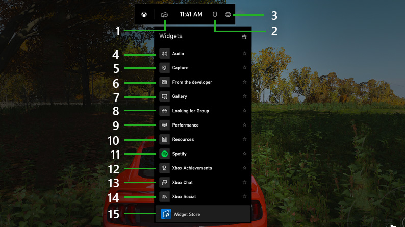 Widget menu in Xbox Game Bar
