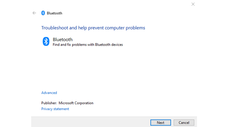 An image shows the Bluetooth troubleshooter screen in the Windows 10 settings
