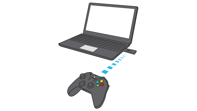 In a drawing, a dotted line shows an Xbox controller communicating with a laptop computer via the Xbox Wireless Adapter for Windows