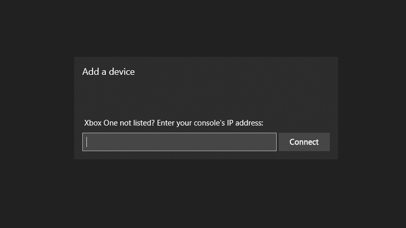 Image shows the Add a device screen with the option to add a console’s IP address.