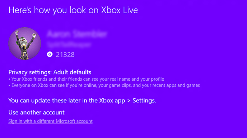 Image shows a screen with a user’s avatar, gamertag points, and privacy settings that appear when a user signs in to the Xbox Companion app.