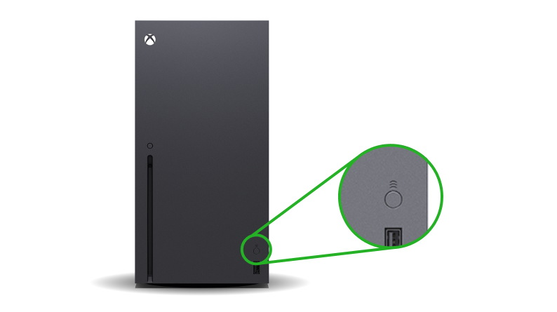 Xbox Series X, стоящая вертикально. Кнопка "Привязать" находится на передней панели справа над портом USB. 