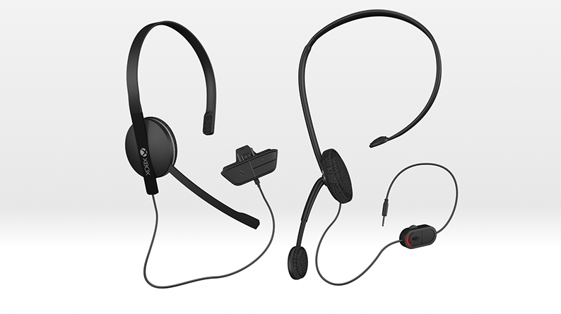An illustration shows the audio dongle on the Xbox One Chat Headset, left, and the 3.5mm headset.