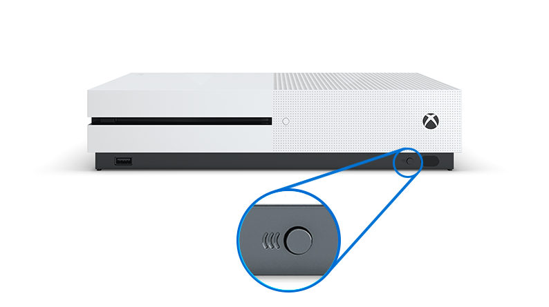 Консоль Xbox One S Кнопка "Привязать" находится на передней панели справа, рядом с инфракрасным приемником и бластером.