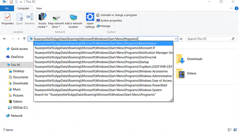 The path %userprofile%\AppData\Roaming\Microsoft\Windows\Start Menu\Programs\ has been written in the File Explorer file path bar so that a user can go to the Start menu shortcut location.